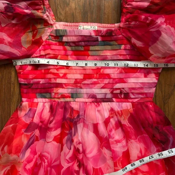 Floral Print Pink & Red Puff Sleeve Pleated Bodice Babydoll Dress - Picture 6 of 8